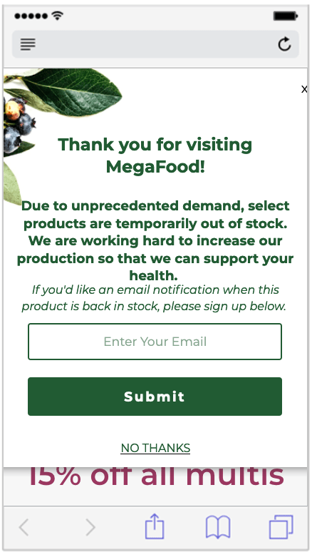 out of stock Mega Food pop-up